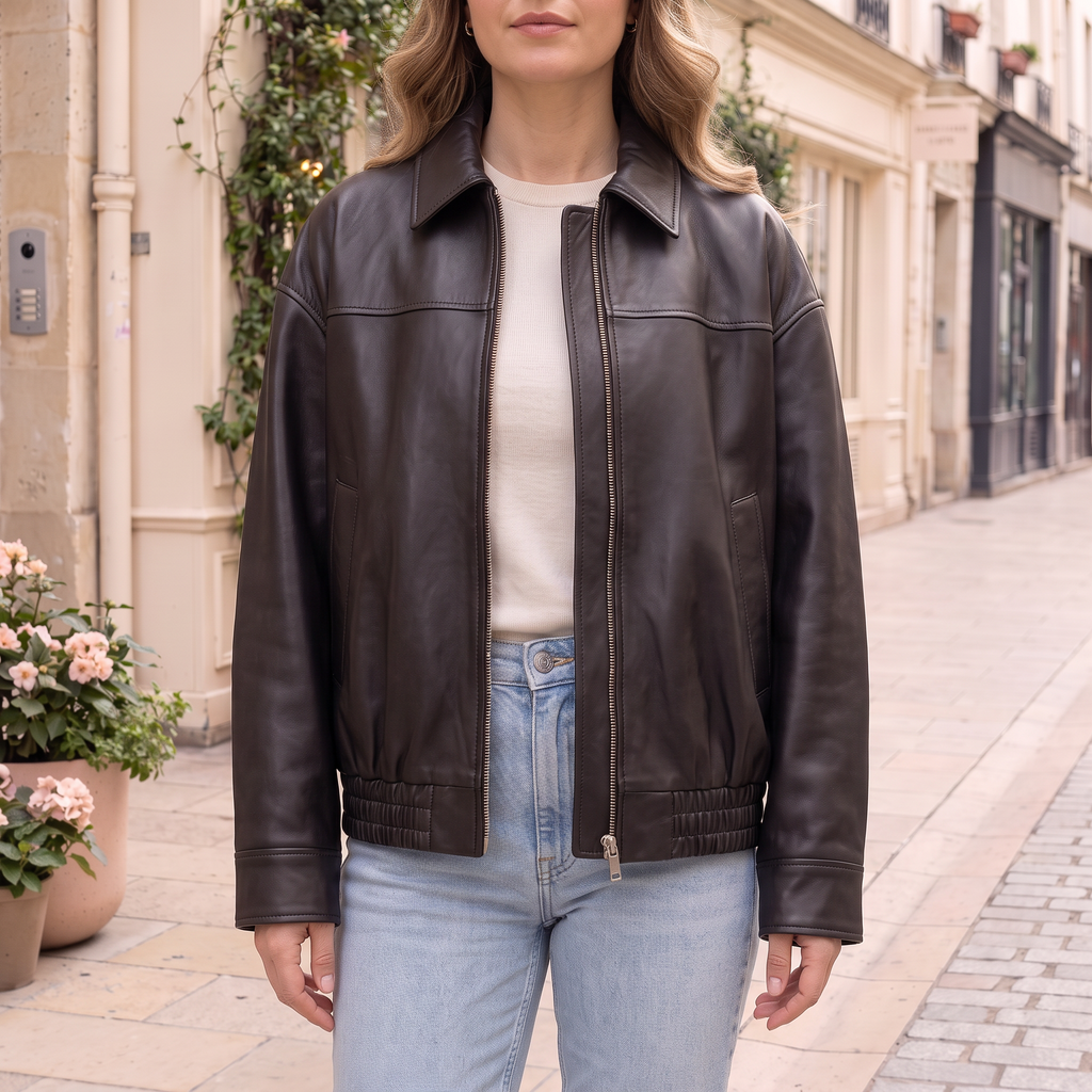 Women's Relaxed Faux Leather Bomber Jacket — Black — cropped on-model hero