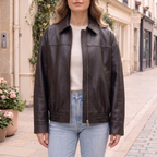 Women's Relaxed Faux Leather Bomber Jacket — Black — cropped on-model hero