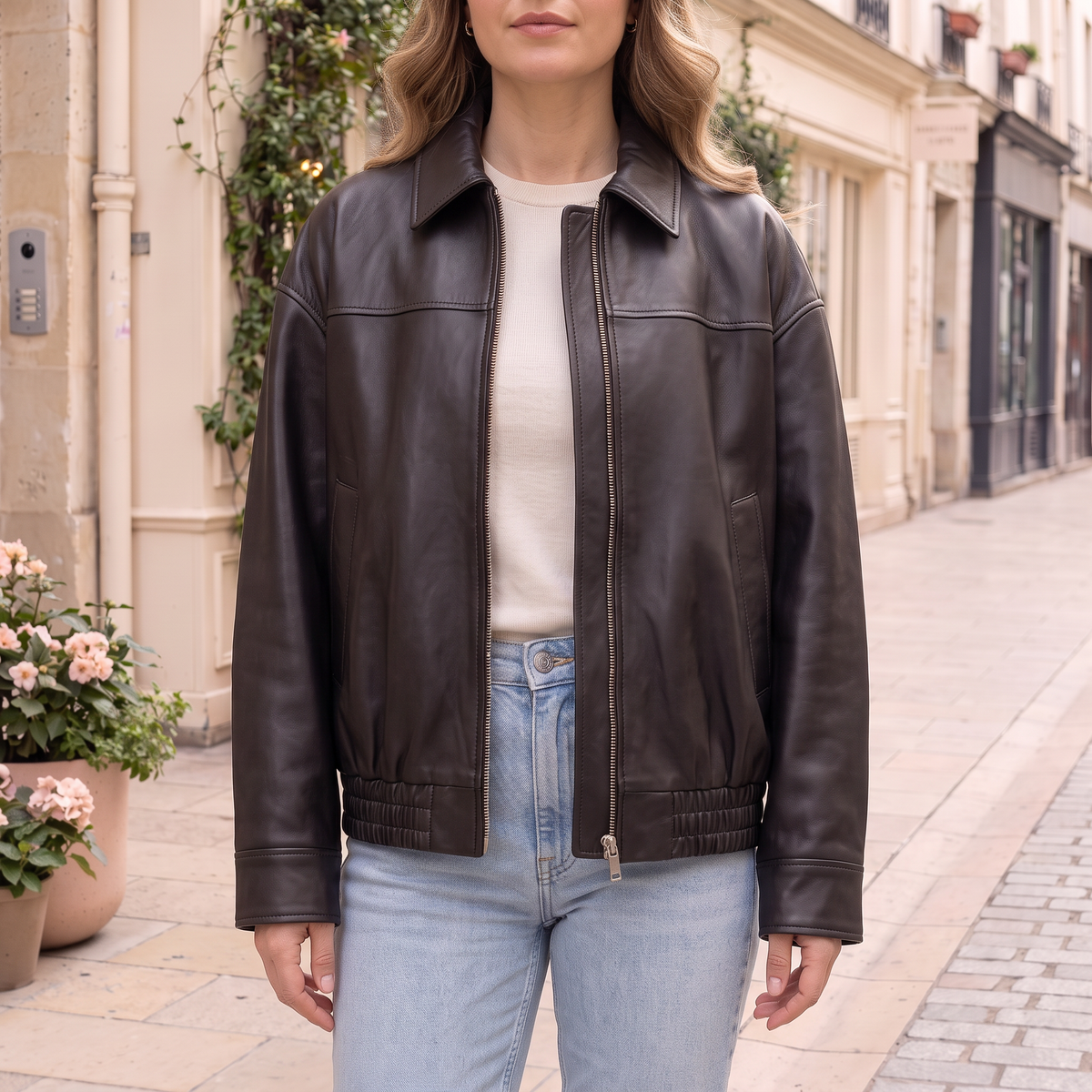 Women's Relaxed Faux Leather Bomber Jacket — Black — cropped on-model hero
