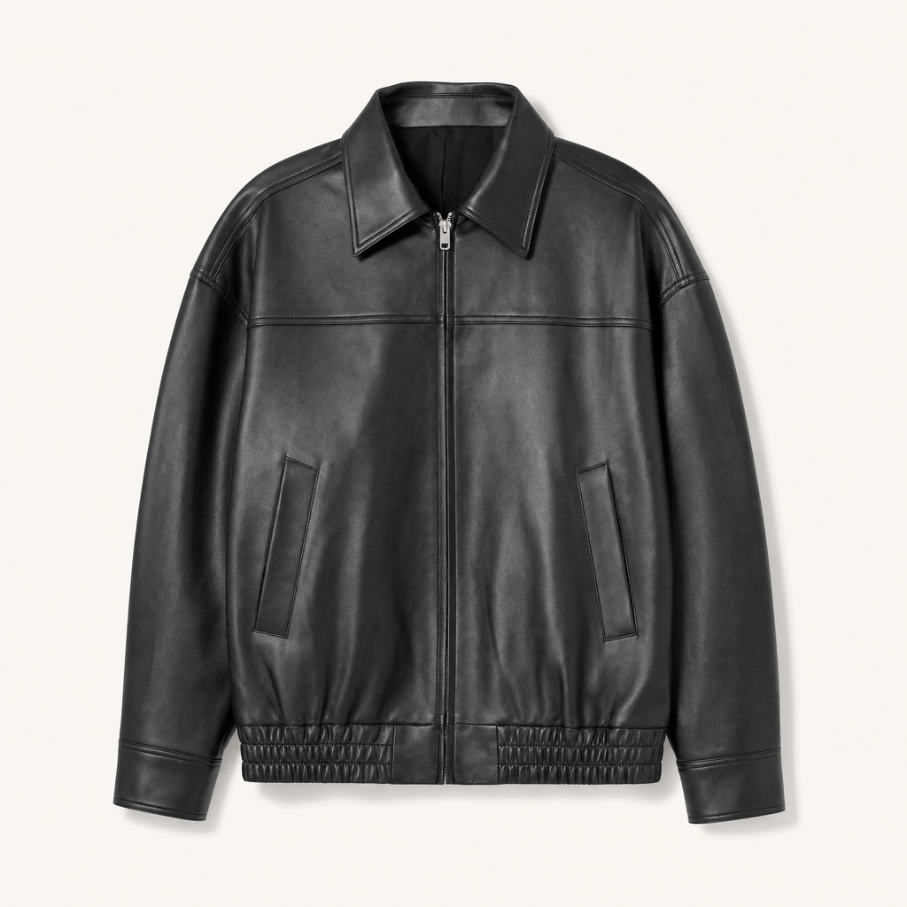 Women's Relaxed Faux Leather Bomber Jacket — Black — front product