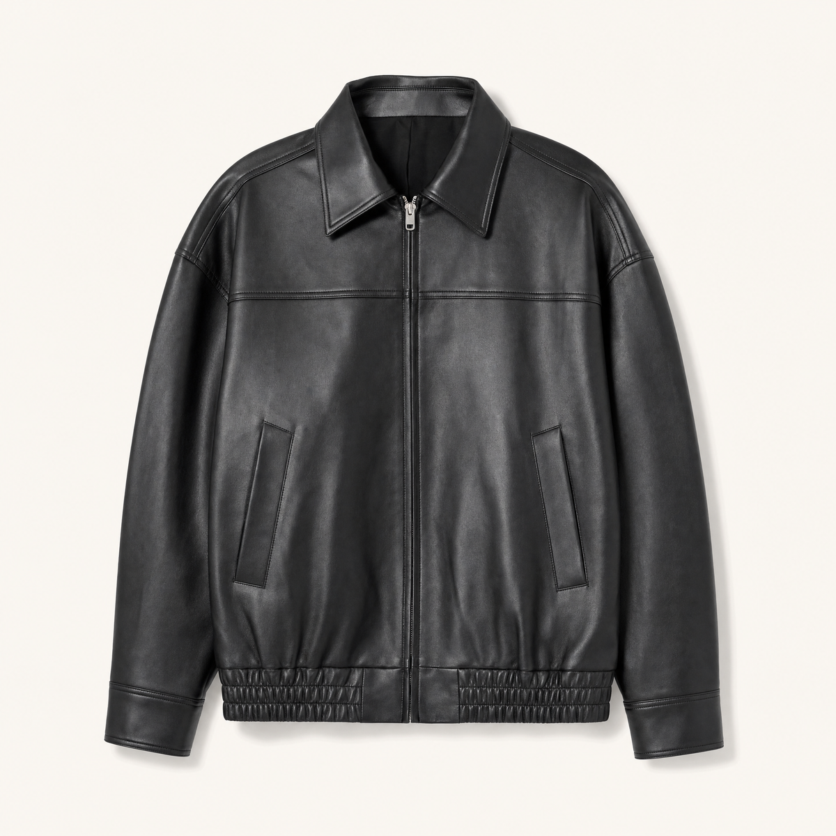 Women's Relaxed Faux Leather Bomber Jacket — Black — front product