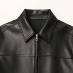Women's Relaxed Faux Leather Bomber Jacket — Black — collar and zipper detail