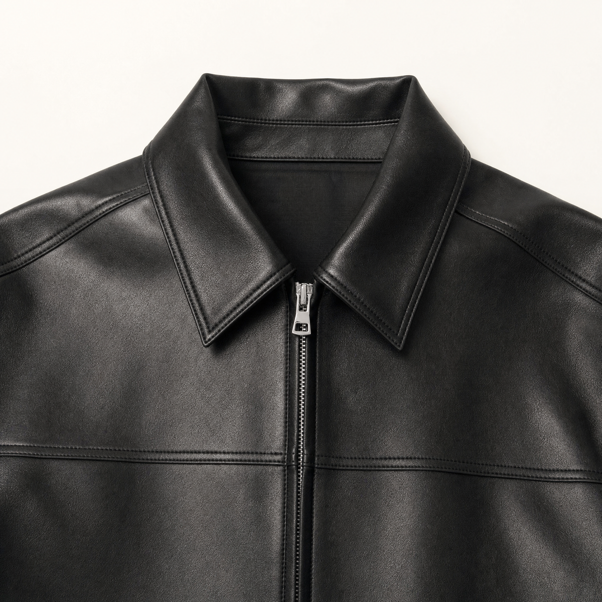 Women's Relaxed Faux Leather Bomber Jacket — Black — collar and zipper detail