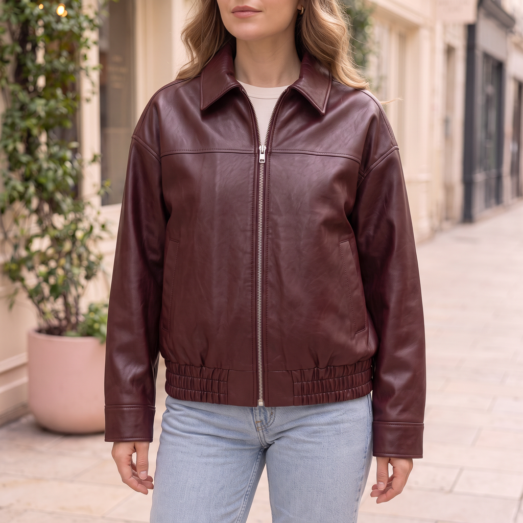 Women's Relaxed Faux Leather Bomber Jacket — Burgundy — cropped on-model hero