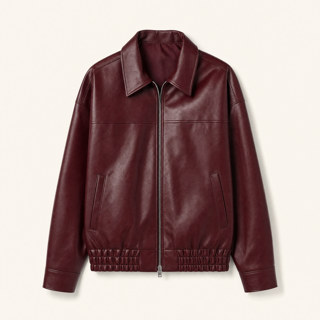 Women's Relaxed Faux Leather Bomber Jacket — Burgundy — front product