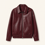 Women's Relaxed Faux Leather Bomber Jacket — Burgundy — front product