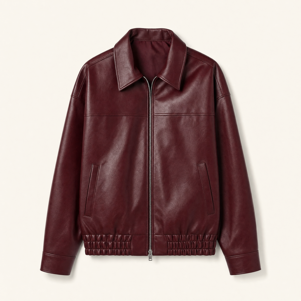 Women's Relaxed Faux Leather Bomber Jacket — Burgundy — front product