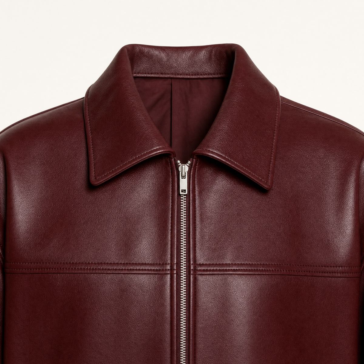 Women's Relaxed Faux Leather Bomber Jacket — Burgundy — collar and zipper detail