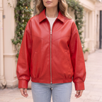 Women's Relaxed Faux Leather Bomber Jacket — Red — cropped on-model hero