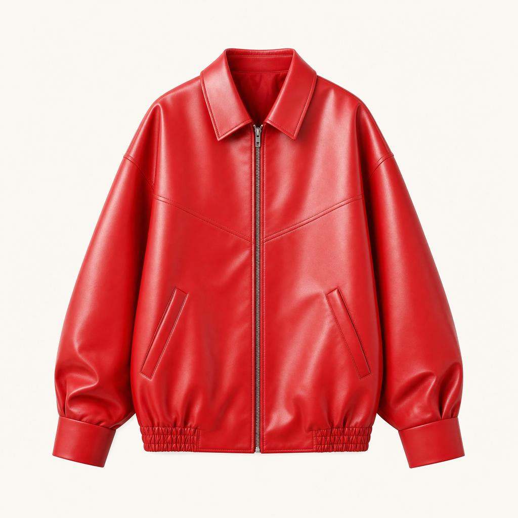 Women's Relaxed Faux Leather Bomber Jacket — Red — front product
