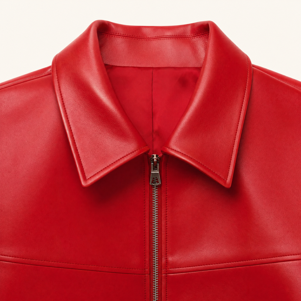Women's Relaxed Faux Leather Bomber Jacket — Red — collar and zipper detail