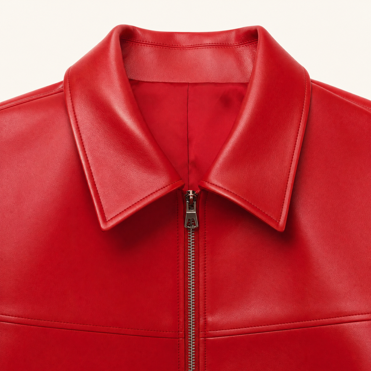 Women's Relaxed Faux Leather Bomber Jacket — Red — collar and zipper detail