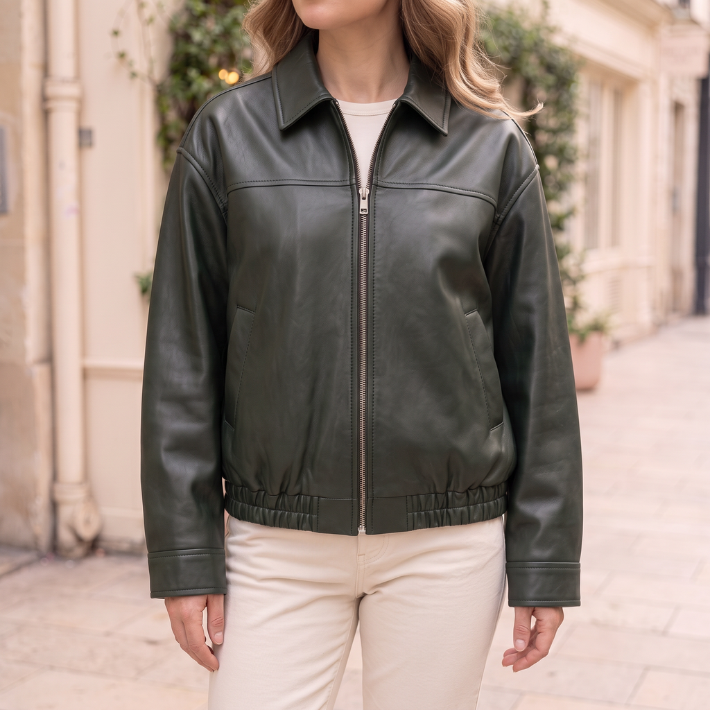 Women's Relaxed Faux Leather Bomber Jacket — Dark Green — cropped on-model hero