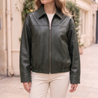 Women's Relaxed Faux Leather Bomber Jacket — Dark Green — cropped on-model hero