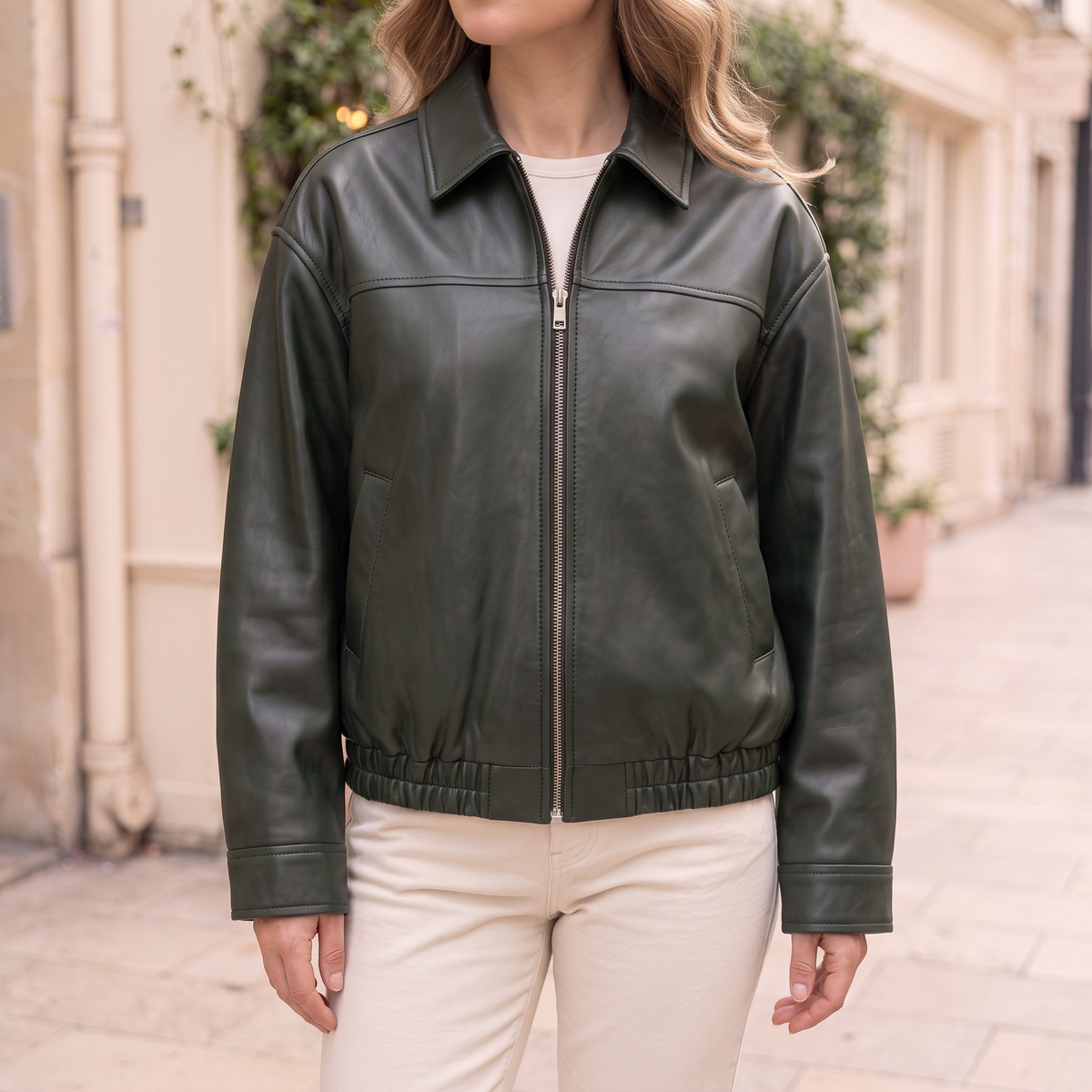 Women's Relaxed Faux Leather Bomber Jacket — Dark Green — cropped on-model hero