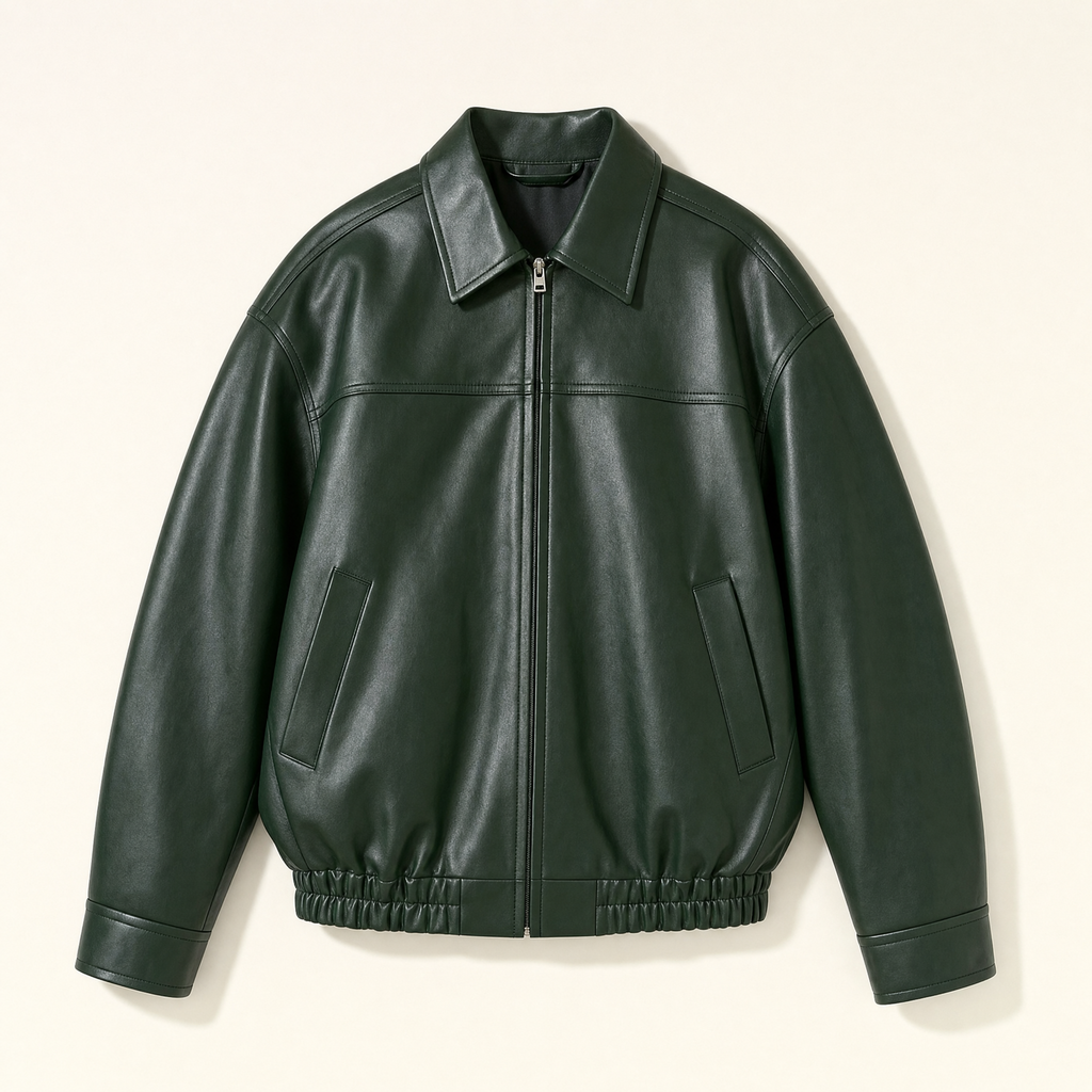 Women's Relaxed Faux Leather Bomber Jacket — Dark Green — front product