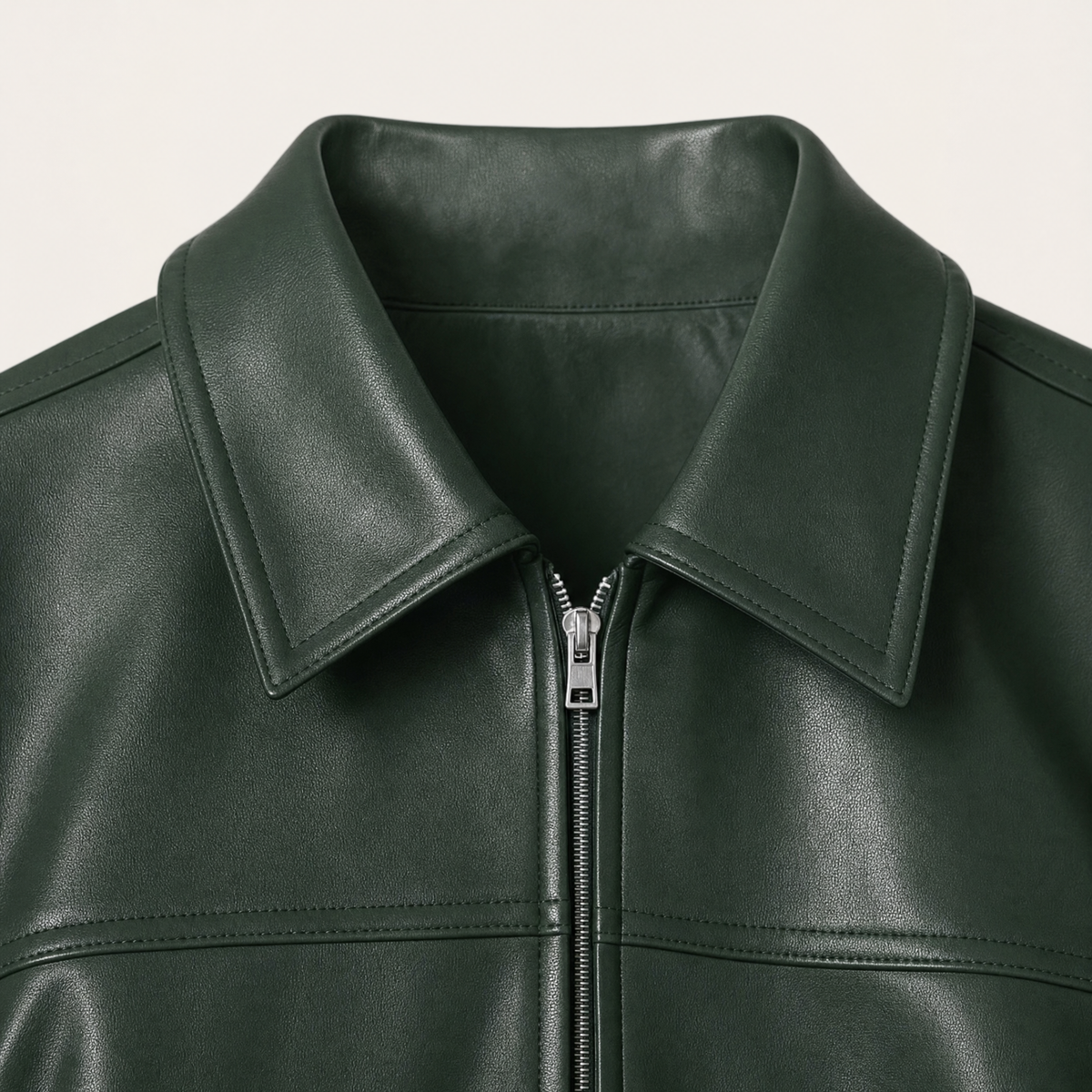 Women's Relaxed Faux Leather Bomber Jacket — Dark Green — collar and zipper detail