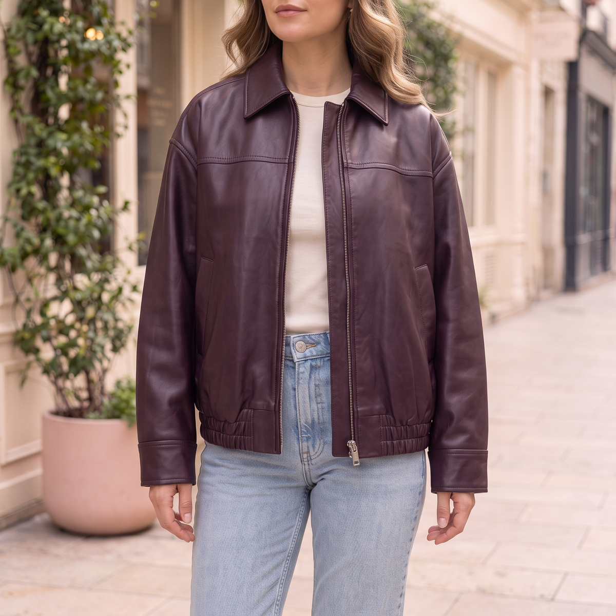 Women's Faux Leather Jacket — Purple — cropped on-model hero
