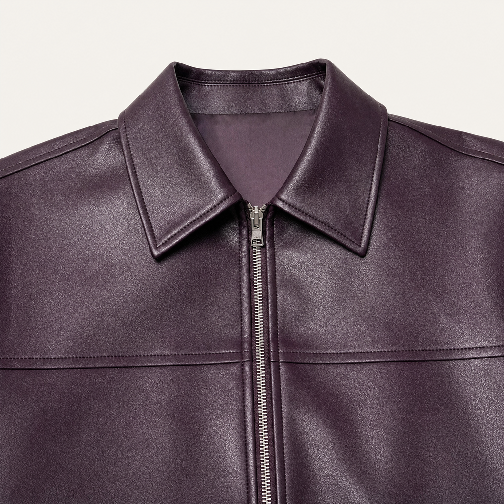 Women's Relaxed Faux Leather Bomber Jacket — Purple — collar and zipper detail
