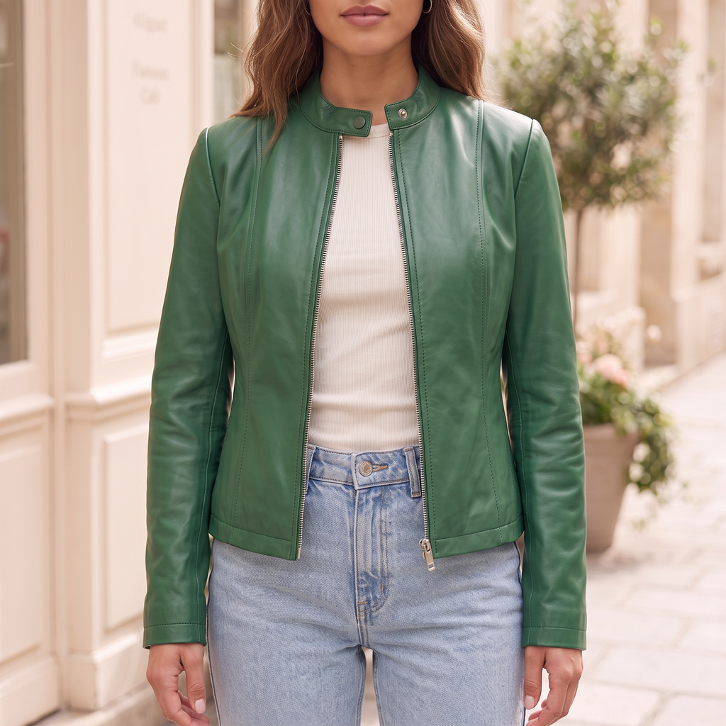 Women's Faux Leather Jacket — Green — cropped on-model hero