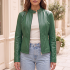 Women's Faux Leather Jacket — Green — cropped on-model hero