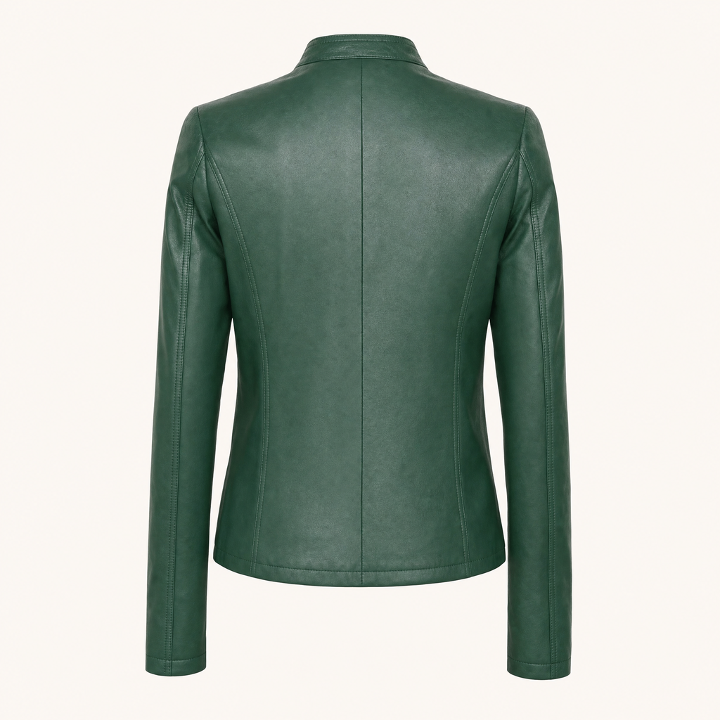 Women's Fitted Faux Leather Jacket — Green — rear product view