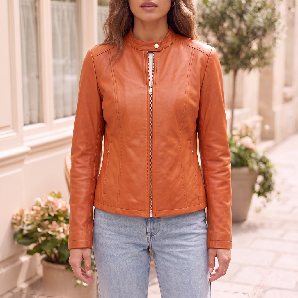 Women's Fitted Faux Leather Jacket — Orange — cropped on-model hero