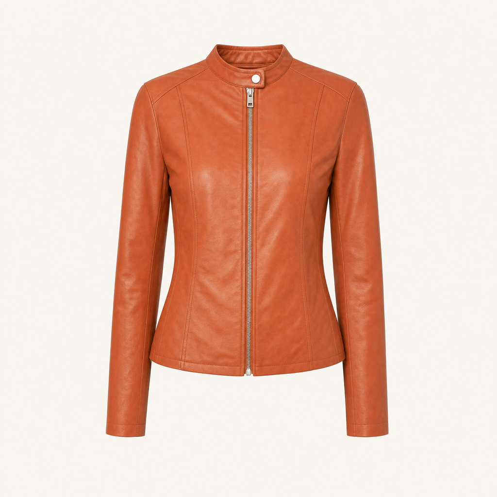 Women's Fitted Faux Leather Jacket — Orange — front product view