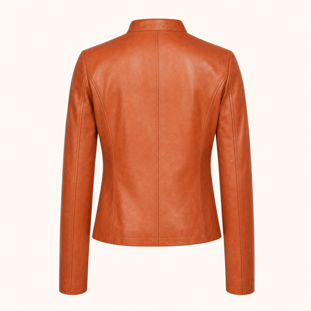 Women's Fitted Faux Leather Jacket — Orange — rear product view