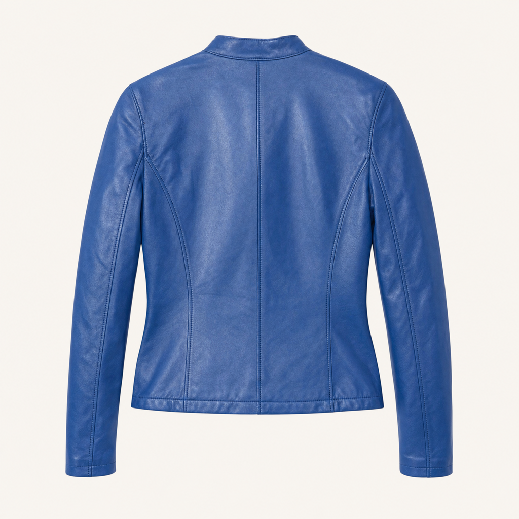 Women's Fitted Faux Leather Jacket — Blue — rear product view