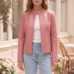 Women's Fitted Faux Leather Jacket — Pink — cropped on-model hero
