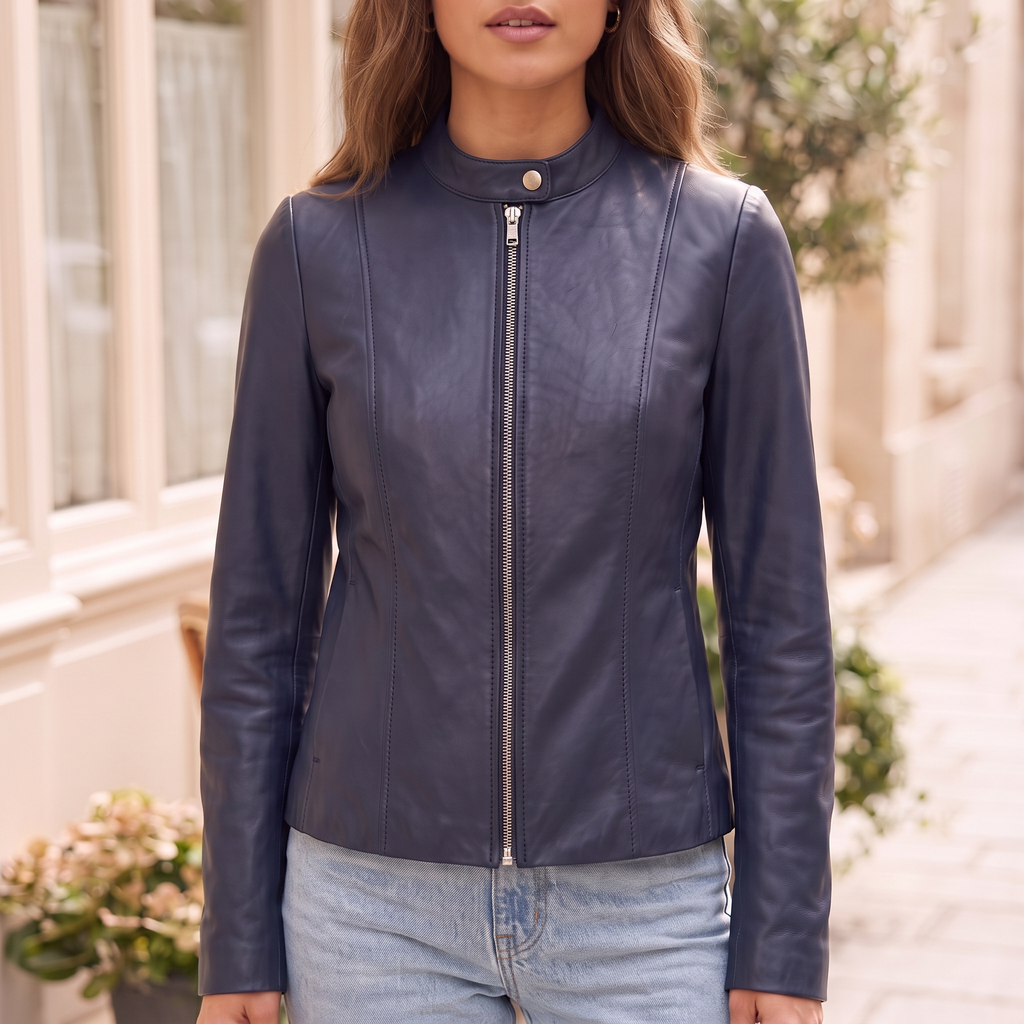 Women's Fitted Faux Leather Jacket — Navy Blue — cropped on-model hero