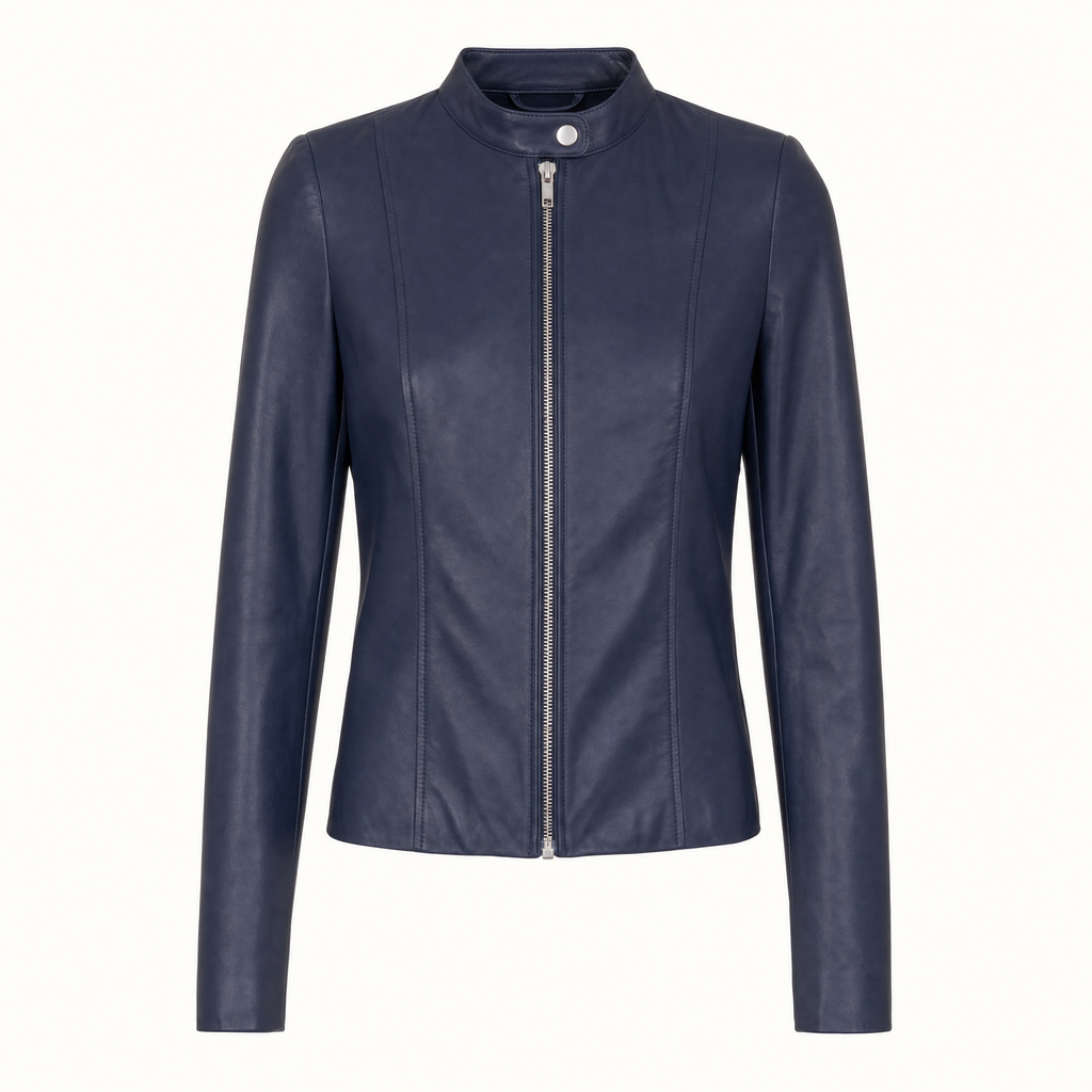 Women's Fitted Faux Leather Jacket — Navy Blue — front product view