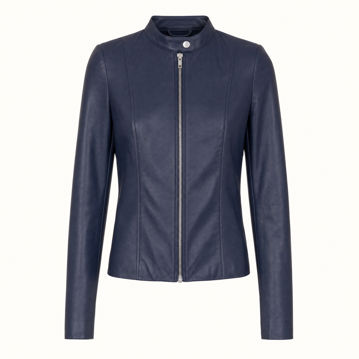 Women's Fitted Faux Leather Jacket — Navy Blue — front product view