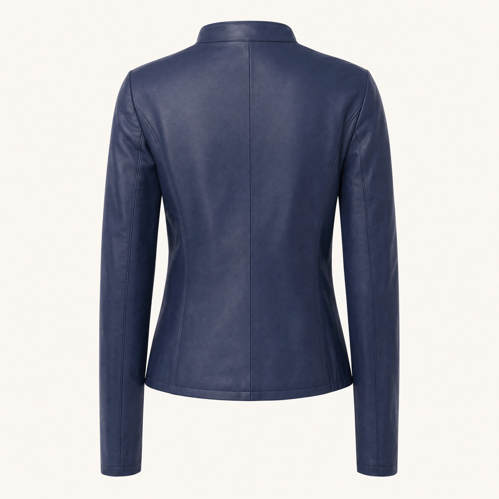Women's Fitted Faux Leather Jacket — Navy Blue — rear product view