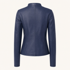 Women's Fitted Faux Leather Jacket — Navy Blue — rear product view