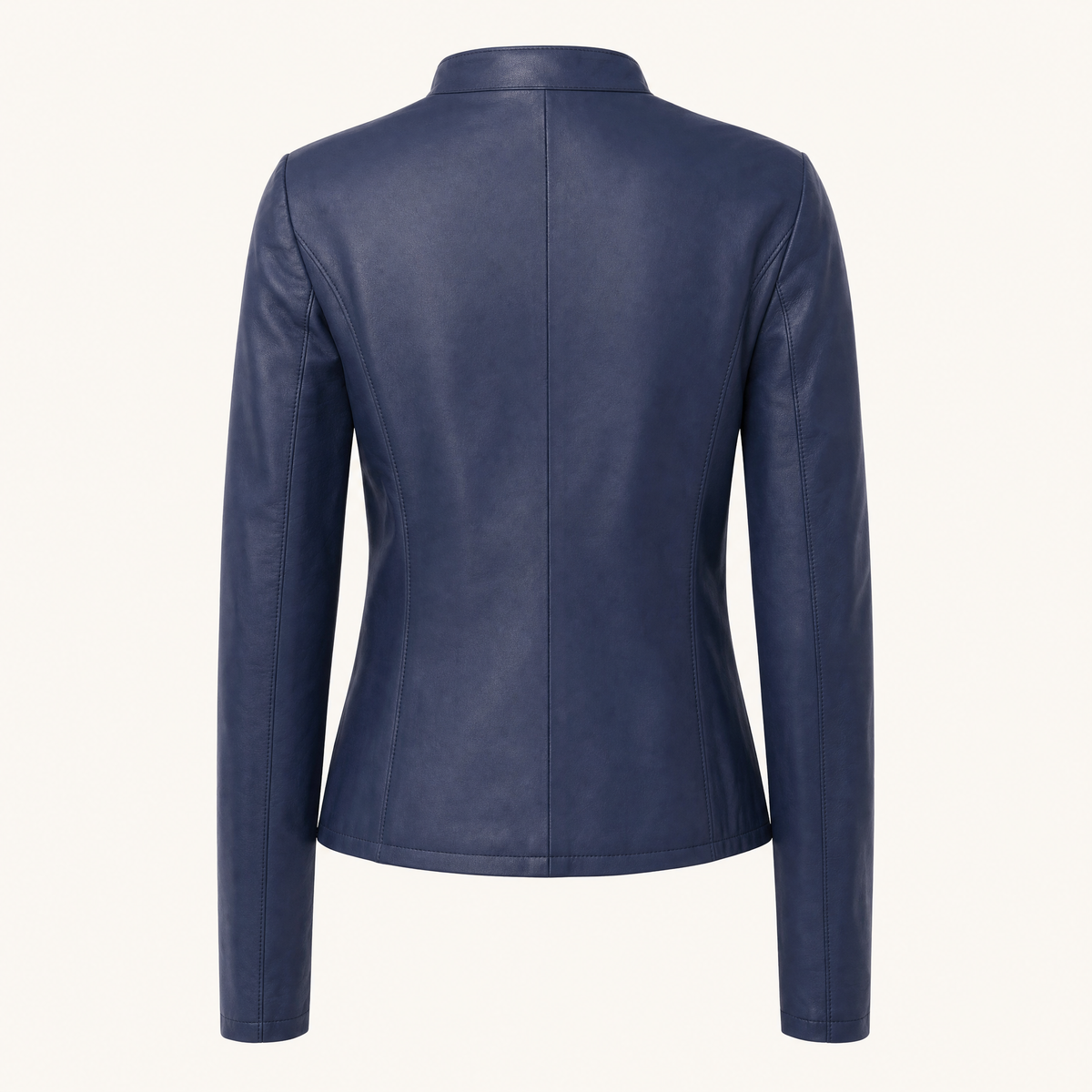 Women's Fitted Faux Leather Jacket — Navy Blue — rear product view