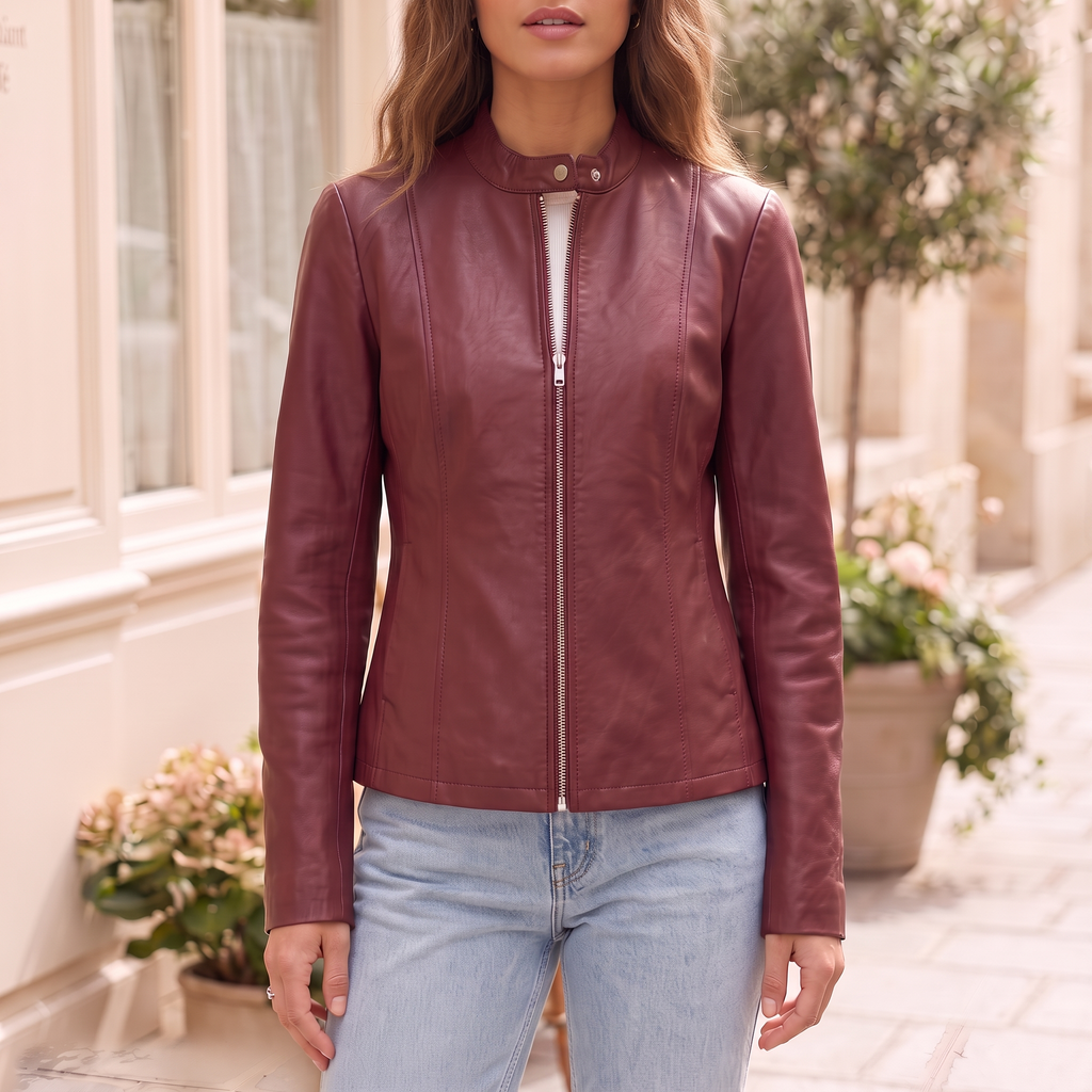 Women's Fitted Faux Leather Jacket — Burgundy — cropped on-model hero