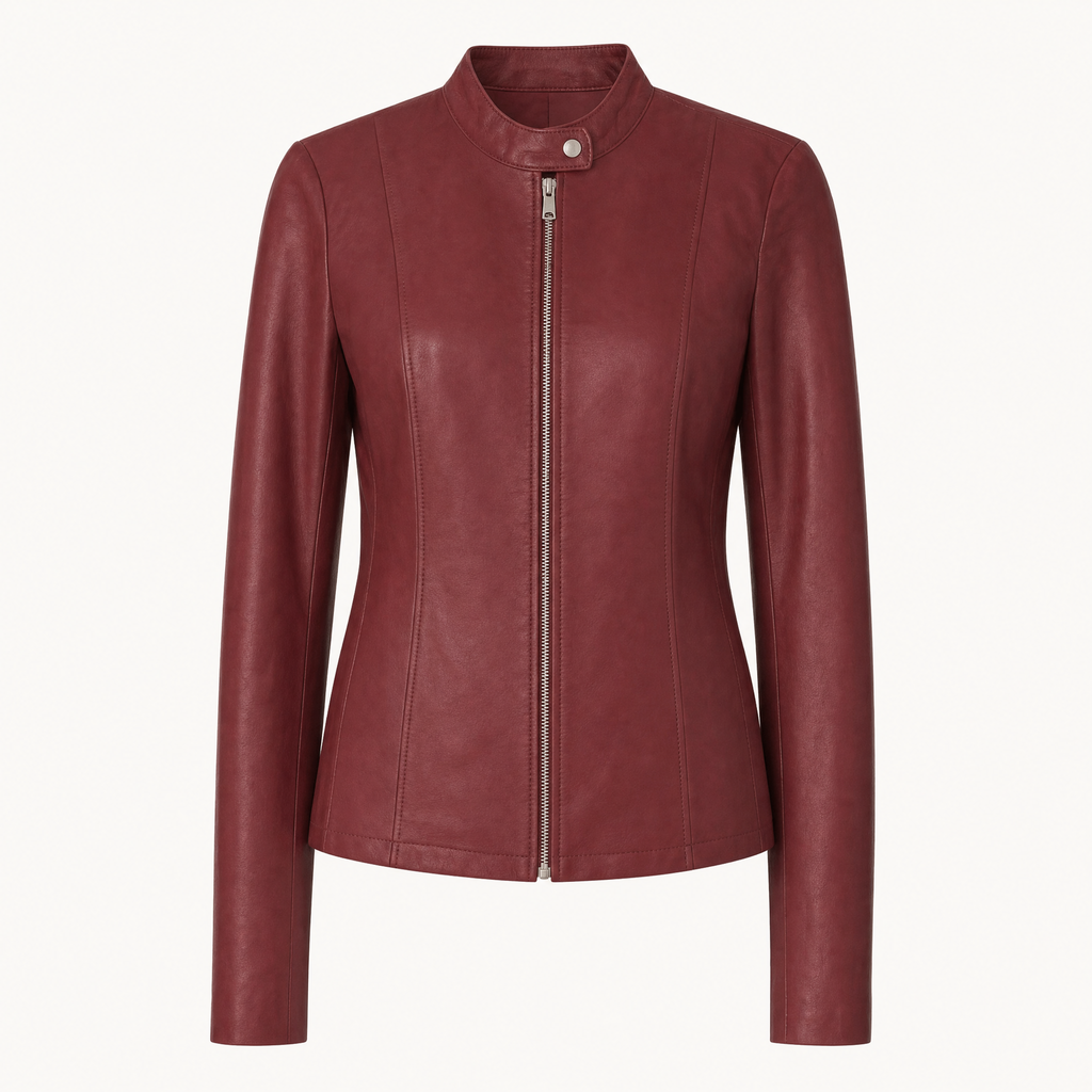 Women's Fitted Faux Leather Jacket — Burgundy — front product view