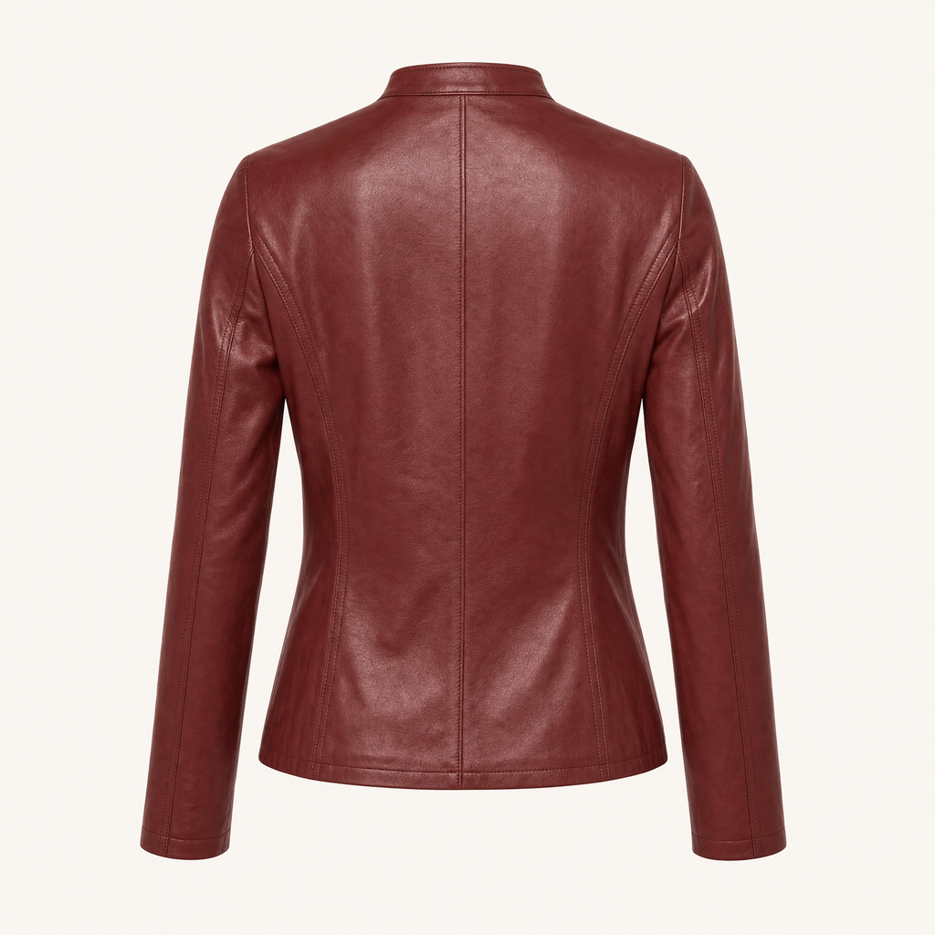 Women's Fitted Faux Leather Jacket — Burgundy — rear product view