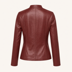 Women's Fitted Faux Leather Jacket — Burgundy — rear product view
