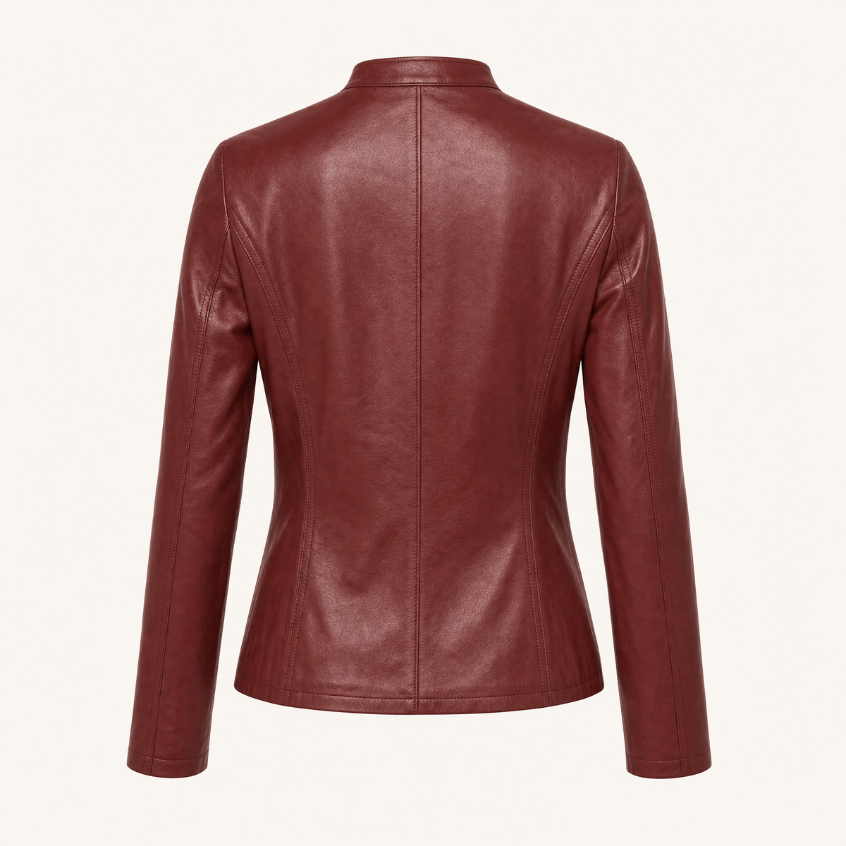 Women's Fitted Faux Leather Jacket — Burgundy — rear product view