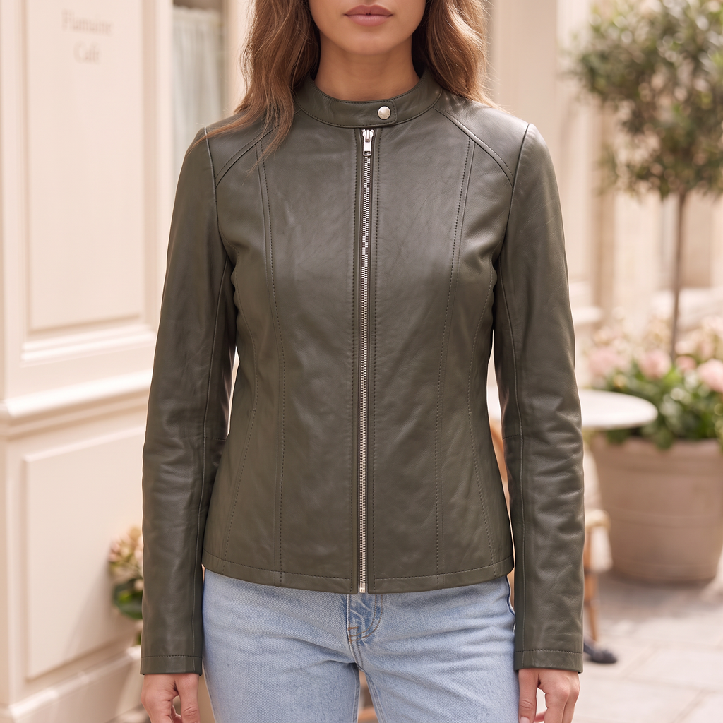 Women's Fitted Faux Leather Jacket — Olive Green — cropped on-model hero