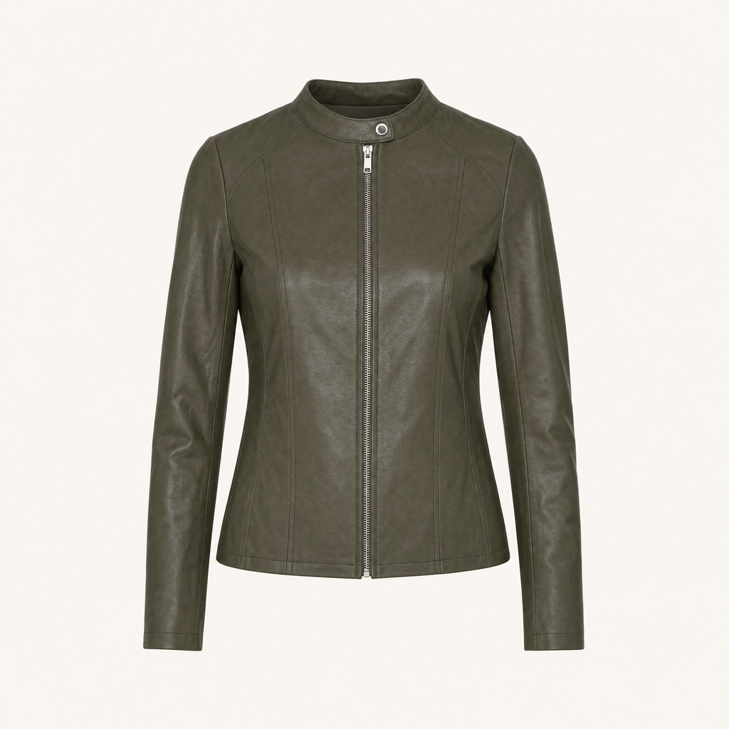 Women's Fitted Faux Leather Jacket — Olive Green — front product view