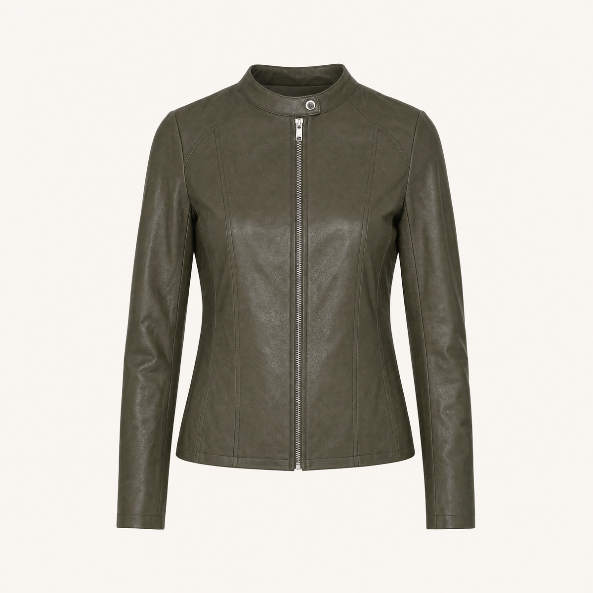 Women's Fitted Faux Leather Jacket — Olive Green — front product view