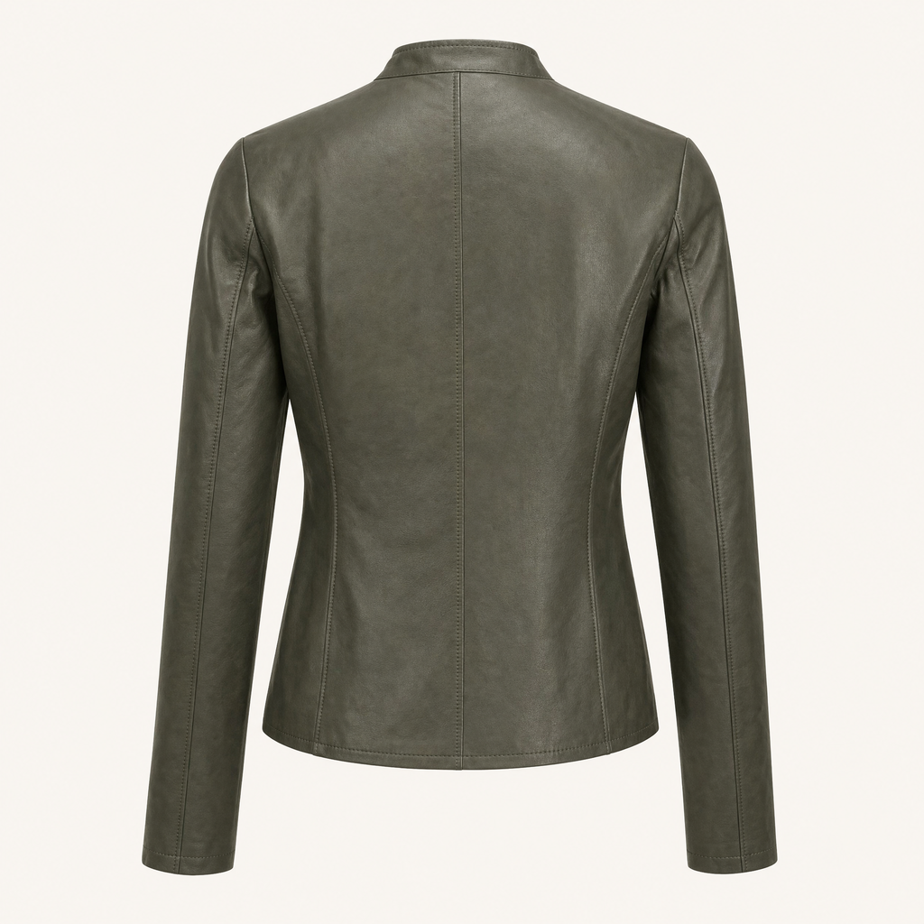 Women's Fitted Faux Leather Jacket — Olive Green — rear product view