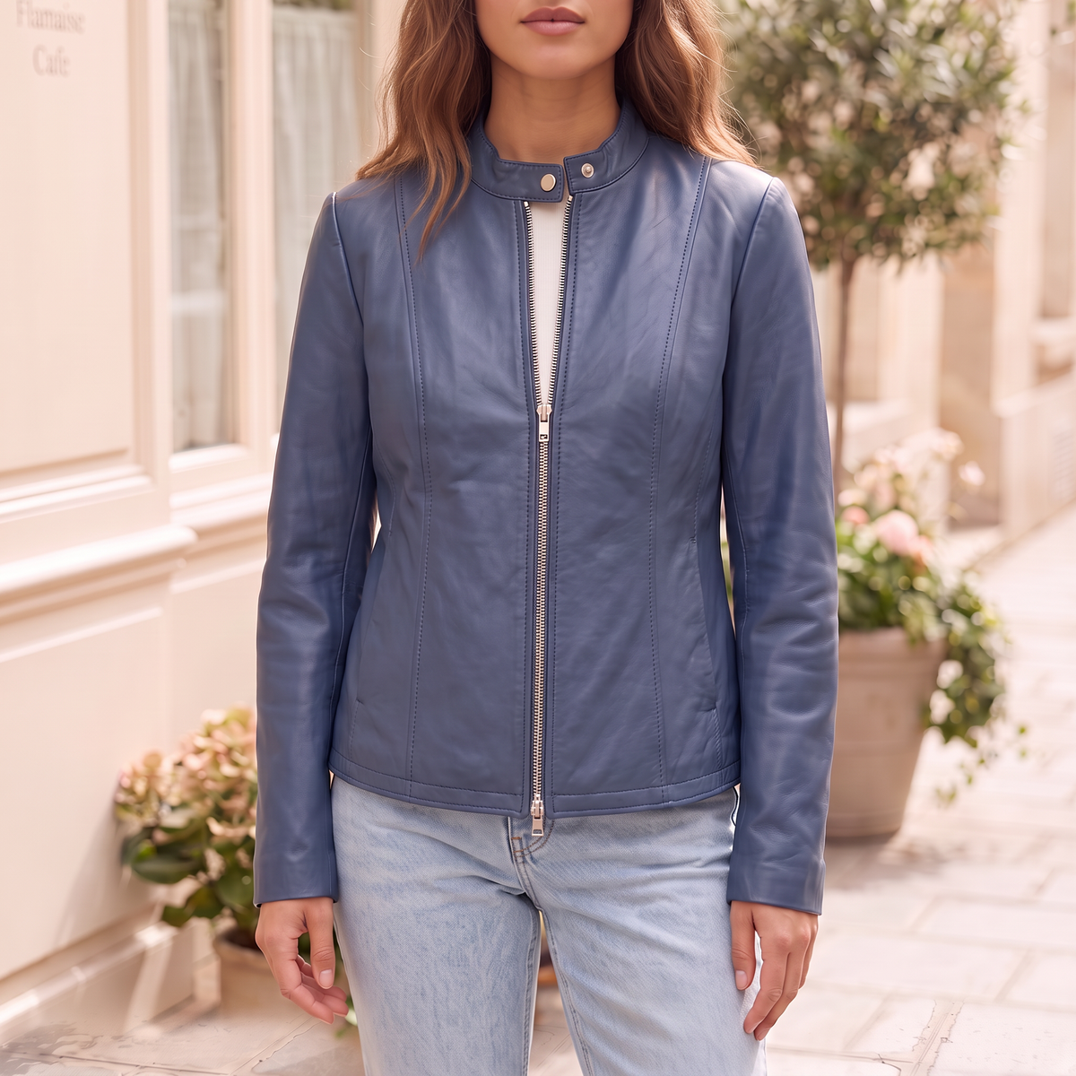 Women's Fitted Faux Leather Jacket — Denim Blue — cropped on-model hero