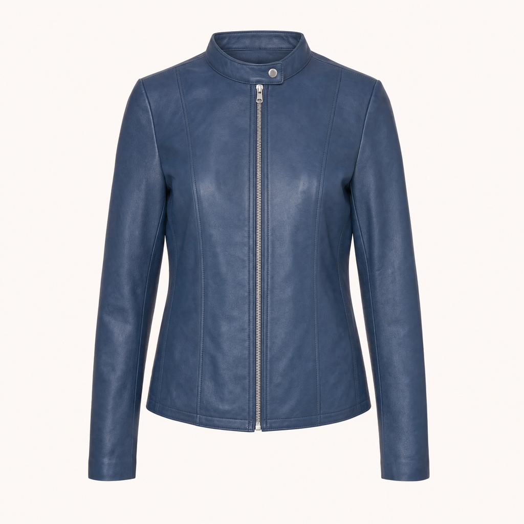 Women's Fitted Faux Leather Jacket — Denim Blue — front product view