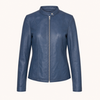 Women's Fitted Faux Leather Jacket — Denim Blue — front product view