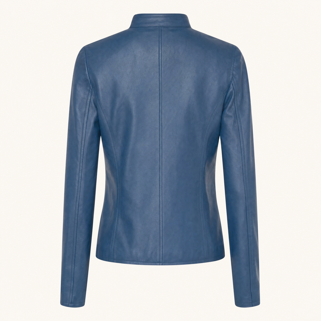 Women's Fitted Faux Leather Jacket — Denim Blue — rear product view